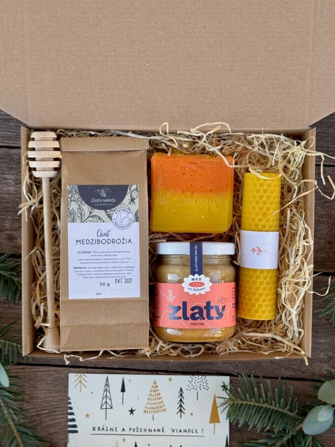 Medová pohoda – darčekový balíček s medom, čajom, mydlom a sviečkou