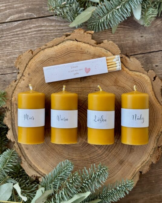 Sada adventných sviečok zo včelieho vosku – Mier, Viera, Láska, Nádej